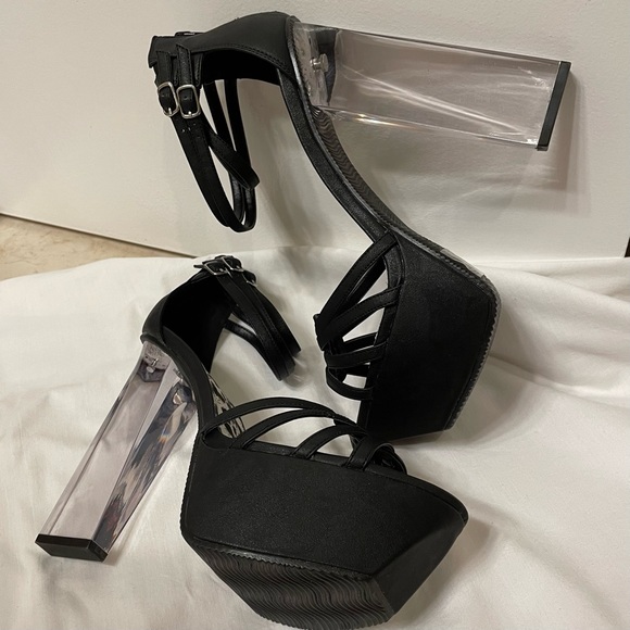 Qupid Arctic-01X Black/Clear Platform Heels 10 New Never Worn, 3 Ankle Straps - Picture 10 of 14